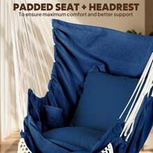 Columpio Colgante para Silla con Hamaca, 2 Cojines, Barra Duradera, Tejido de Algodón Suave, Bolsillo Lateral, Borlas, Reposapiés Grande y Soporte - Azul real-barra separadora metálica - Ver 4