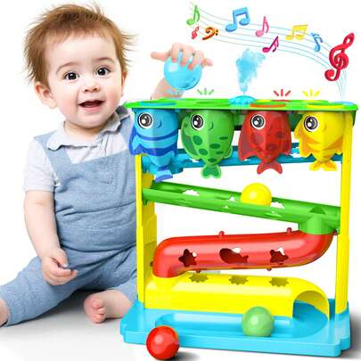 Hook Ball Drop Toy For 1, 2 Years Old Boys & Girls, Interactive Toddler Toy With Lights, Music & Water Spray, Montessori STEM Learning Toys For 9-18 Months, Infant Early Development Gift, Blue