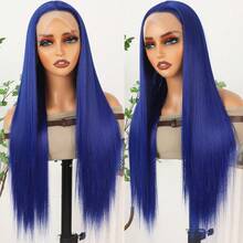 Purple Color Lace Front Wigs Pre Plucked Hairline Long Straight Wigs For Fashion Women Girls Party Daily Wear Glueless Dark Purple Lace Front Synthetic Wigs 13x4 Free Part Heat Resistant Fiber Hair 28 Inch 180% Density - 藍色 - 查看 4
