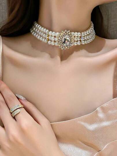 1pc Vintage Multi-Layer Baroque Style Pearl & Rhinestone Decor Exaggerated Luxurious Choker Necklace For Women