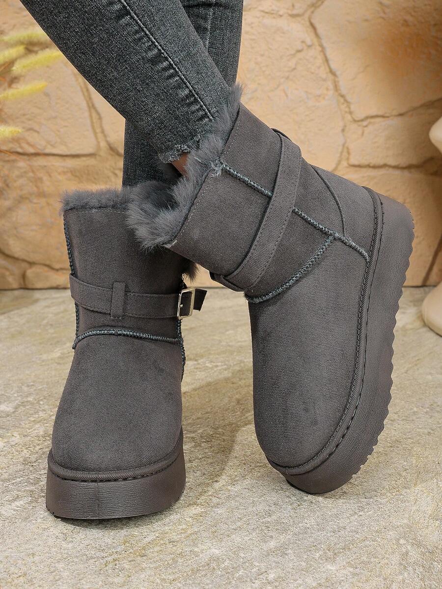 Cute Thick Warm Grey Snow Boots For Women, New Thick Bottom Increased Height Fur Lining Tall Snow Winter Shoes For Winter - Grey - View 1
