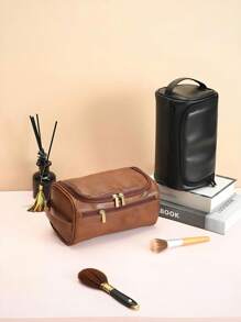 1 Peça, Couro PU, Unissex, Bolsa de Toucador de Viagem Impermeável de Camada Dupla, Bolsa de Barbear de Grande Capacidade - Perfeita para Produtos de Higiene e Beleza Essenciais, Viagens de Negócios e Férias, Bolsa de Toucador, Essenciais de Viagem de Verão, Durável, Perfeita para Férias na Praia, Suprimentos Escolares de Férias, Itens Essenciais para Dormitório, Volta às Aulas