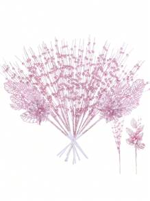 Set de 6 ornamente de brad de Crăciun, flori artificiale roz cu sclipici, crengi, agrafe pentru decorarea bradului de Crăciun, cadou, vază mică, decor pentru casă, sărbători, nuntă, petrecere, agrafe artificiale cu sclipici, 6 buc tulpini artificiale cu sclipici și 1 buc ornamente de flori cu sclipici pentru brad de Crăciun, cadou de Revelion - Decor roz pentru casă, decorațiuni de Crăciun, decor pentru cameră