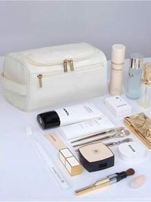 1 Peça, Couro PU, Unissex, Bolsa de Toucador de Viagem Impermeável de Camada Dupla, Bolsa de Barbear de Grande Capacidade - Perfeita para Produtos de Higiene e Beleza Essenciais, Viagens de Negócios e Férias, Bolsa de Toucador, Essenciais de Viagem de Verão, Durável, Perfeita para Férias na Praia, Suprimentos Escolares de Férias, Itens Essenciais para Dormitório, Volta às Aulas