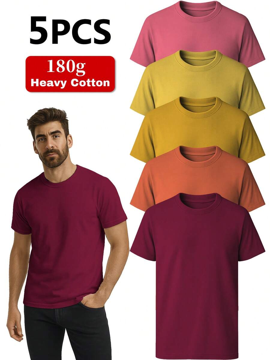 5-Pack Unisex Cotton T-Shirts - Classic Solid Color Crew Neck Tee - Casual Sports Pullover, All-Season Loose Fit, Regular Length Short Sleeve - 多色 5 - 查看 1
