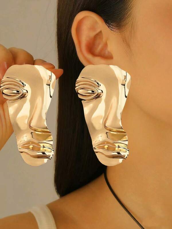1 pièce Boucles d'oreilles déclaratives en métal doré avec sculpture abstraite du corps humain, convient pour les soirées/événements à thème