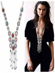 1 pieza Collar con colgante de turquesa bohemio vintage de borlas largas con diseño elegante para mujer, adecuado para regalos, fiestas, uso diario y ocasiones de boda