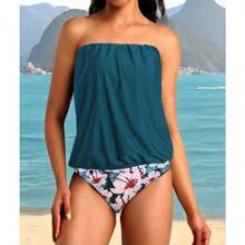 Women 2 Piece Bandeau Tankini Bottom For Tummy Control Stylish Loose Blouson Top Paired With Summer Beachwear - 藍色粉紅色花卉 - 查看 1