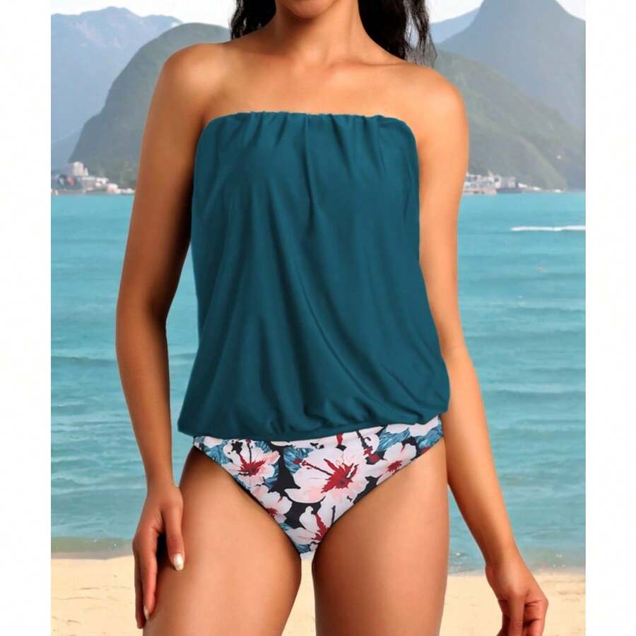 Women 2 Piece Bandeau Tankini Bottom For Tummy Control Stylish Loose Blouson Top Paired With Summer Beachwear - 藍色粉紅色花卉 - 查看 1