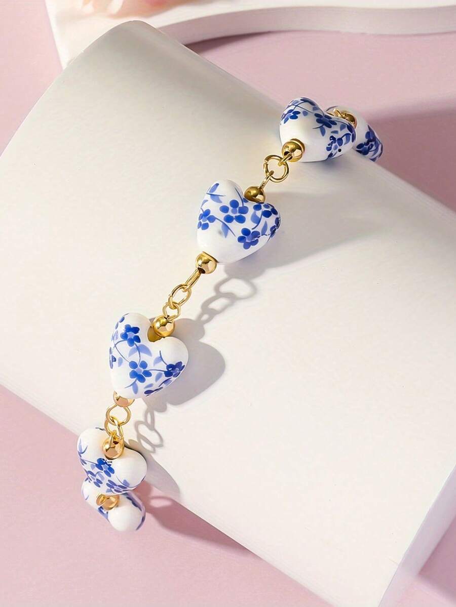 1PC Elegant And Exquisite Chinese Blue And White Porcelain Heart Retro Style Bracelet, Blue And White Dual-Color Women's Beaded Bracelet, Date, Valentine's Day And Birthday Gift - 多色 - 查看 1