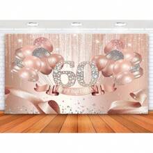 1pc,Rose Golden Happy 60th Birthday Backdrop Decorations For Women Pink Glitter Ribbon Balloons Dots Photography Background Shining Diamond Sixty Years Old Party Banner Photo Studio Props