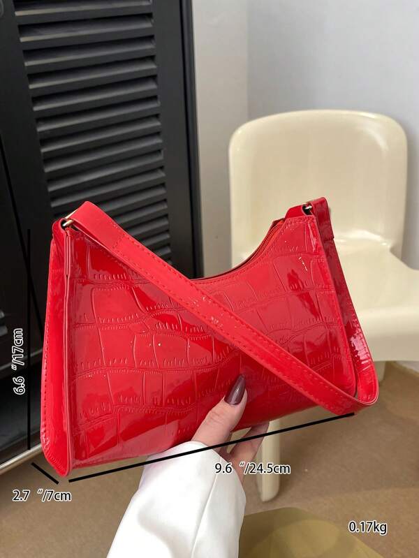 Solid Color Embossed Geometric Zipper Shoulder Bag For Women, Fashion Retro Casual Waterproof Handbag For Office, Work, Business, Commute