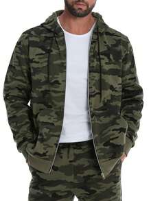 Herren Camouflage Reißverschluss Kapuzenpullover, weiches Mischgewebe, warme Thermofütterung, Tasche, Outdoor Sport, Herbst/Winter, Langarm Oberteil - Armeegrün - Übersicht 1