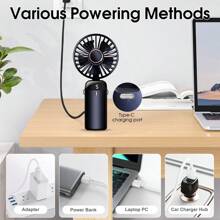 Ventilateur portable à main, ventilateur à piles avec base, 8 heures, affichage numérique, 5 vitesses, réglable à 90°, mini ventilateur rechargeable pour l'extérieur et l'intérieur