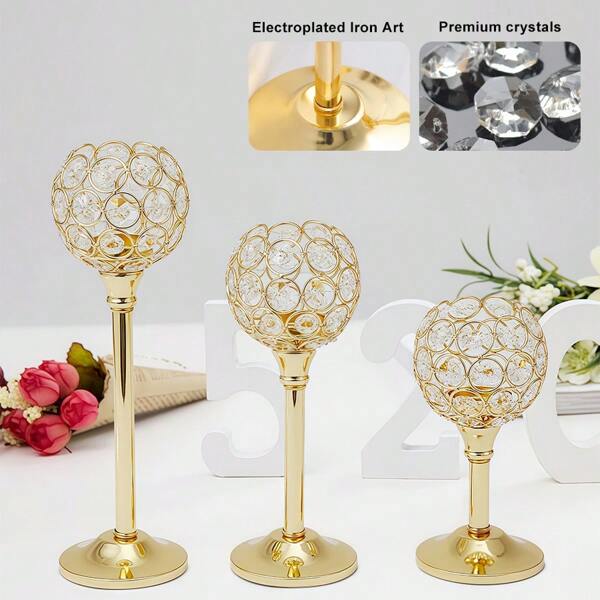 1/3pcs Luxury Gold Crystal Ball Candle Holder Set – Perfect For Wedding Decor, Room, Dining Room, Living Room, Graduation Party, Birthday, Kitchen, Valentine's Day And New Year Decoration