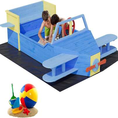 Airplane Wooden Sandbox, Outdoor Sand Box With Bottom Liner, Kids Sandpit W/Propeller, Rudder, Wings For Ages 3-8, Spacious Kids Sand Pit For Beach, Patio, Backyard Wooden Sandbox, Outdoor Sand Box Bottom Liner, Adjustable Height & Rotatable Canopy For Ages 3-8, Spacious Kids Sand Pit For Beach, Patio, Backyard