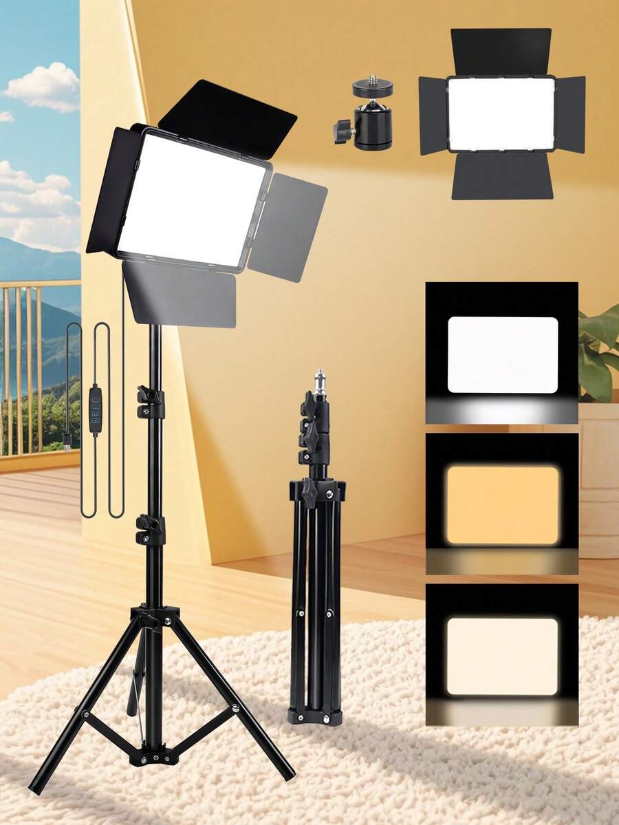 10-Inch Professional LED Studio Spotlight With Phone Holder And Windscreen Assembly, Adjustable Tripod - Three-Color Portable Square Fill Light, USB Power Supply, Suitable For Festivals, Travel Vacations, Photography And Video Recording, Photo Selfies, Video Recording, Zoom Conferences, Handheld Selfies, Outdoor Science, Interviews, Live Broadcasts, Vlogging, And Other Scenes. - màu đen - Xem 1