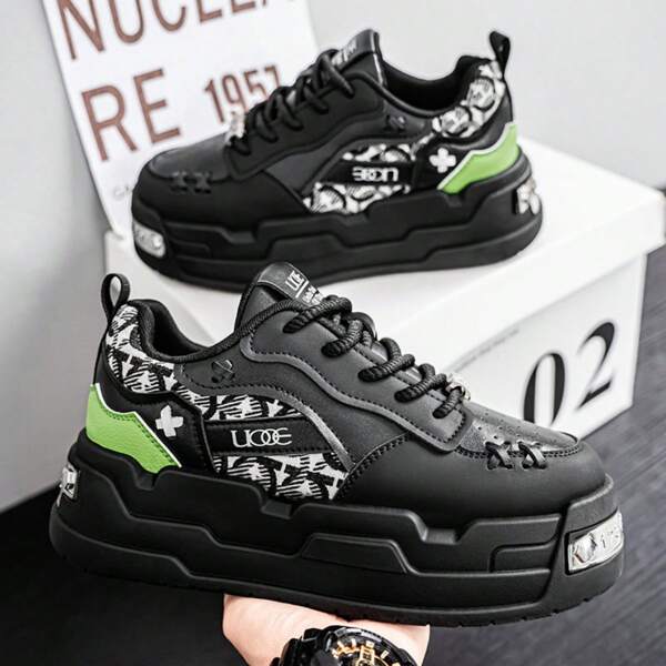 Men's Thick Sole Comfortable Sneakers, Fashion Black Casual Running Shoes With Lace-Up Design, Anti-Slip Breathable High-Top Suitable For All Seasons Sports & Casual Wear, Rubber Sole Hollow Lace-Up Mesh Splice Unisex Outdoor Summer Trainers
