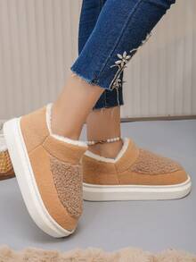 冬季新款高帮杏色仿毛拼接杏色毛绒拖鞋，户外日常保暖全跟家居拖鞋，尺码36-45，女士黑色室内拖鞋 - 杏色羊羔絨拼杏色 - 查看 5