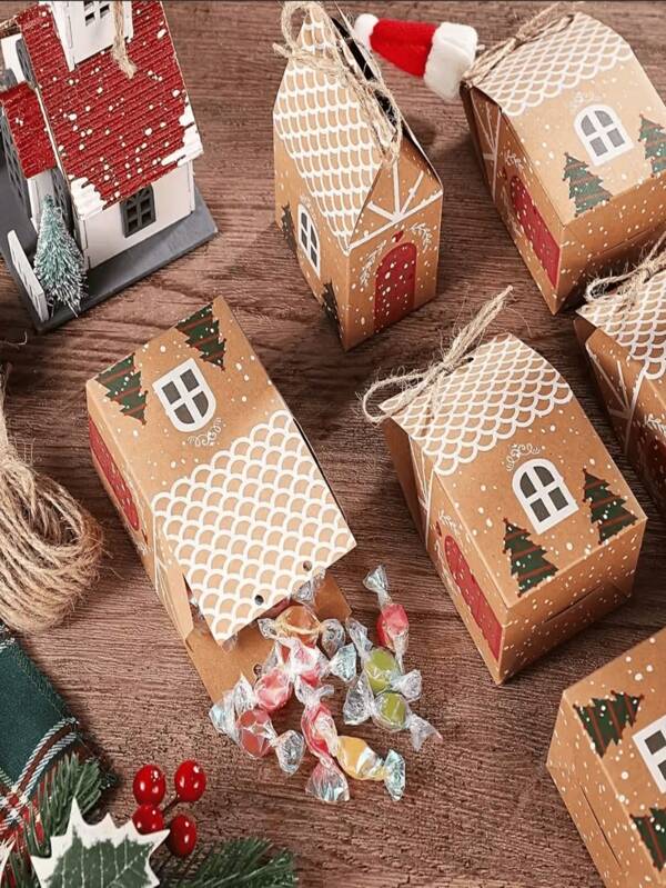 20/10/5/1pc New Candy Box, Christmas Kraft Paper Favor Box (With Rope), Kraft Paper Packaging Box Christmas Small House Candy Box, Cartoon Family Party Gift Bag, Christmas Decor House Shape Cookie Bag Christmas Supplies Party Candy Box, Kraft Paper Gift Christmas Tree Pendant, Suitable For Christmas, Winter Holidays
