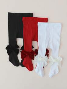3 Pairs Girls' All-Season Tight Striped Tights With Bow Decoration, Children's Base Layer Tights Suitable For Girls' Autumn Daily Wear - Multicolor - View 8