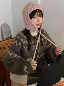 女式超大法罗群岛羊角纽扣开衫，宽松休闲针织上衣 - 棕色 - 查看 1