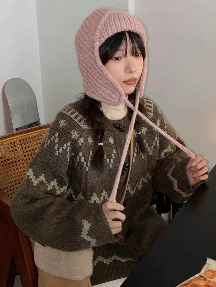 女式超大法罗群岛羊角纽扣开衫,宽松休闲针织上衣 - 棕色 - 查看 1