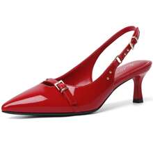 Red Kitten Heels For Women Slingback Low Heels Pointed Closed Toe Pumps With Buckle Women's Pumps Shoes - 紅色 - 查看 2