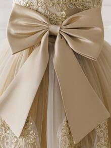 女童刺绣网纱泡泡袖优雅拖尾花童礼服，适合走秀、晚会、派对、生日、学校舞会等场合，不含头饰 - 香檳色 - 查看 7