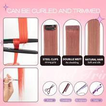 100% Human Hair Clip-In Underlights - Colored Hair Extensions Highlights Streaks (Pink, Blue, Purple, Green, Silver) - Heat Friendly, Remy Quality, Invisible Clips, Easy To Apply - 藕粉色 - 查看 3