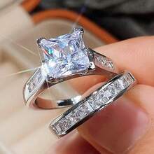 2pcs/Set Fashion Cubic Zirconia Rings For Women - Valentine's Day Gift Wedding Anniversary Party Jewelry - 銀色 - 查看 8