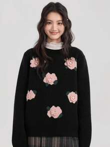 Women's Round Neck Crocheted Flower Jacquard Pattern, Plant Rib Machine Embroidery, Embroidery, Knitted Sweater