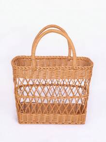 1pc Picnic Fruit Storage Basket With Handles,Durable Imitation Rattan Storage Basket For Fruits,Vegetable,Drinks,Camping Portable Picnic Basket,Household Storage Organizer For Kitchen,Home Decor