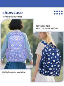 3 piezas/set Mochila con estampado de margaritas lindas, diseño de múltiples compartimentos de gran capacidad, cremallera Closure, adecuado como regalo para estudiantes de secundaria/preparatoria, niñas, vuelta al colegio