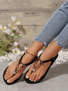 1 Pair Women's Bohemian Beaded T-Strap Flip Flop Sandals, Flat Beach Shoes For Summer, Metal Decorated T-Strap, Versatile Casual Shoes - Black - View 3