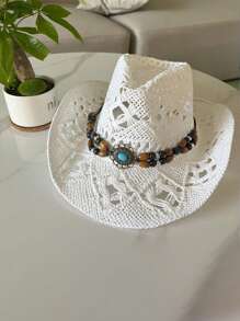 1 Peça Chapéu de Palha de Verão Feminino com Decoração de Zircônia Oca e Respirável, Chapéu de Cowboy de Sol Unissex na Moda e Personalizado, Adequado para Praia, Férias, Proteção Solar Diária, Ótima Ideia de Presente para o Dia dos Pais