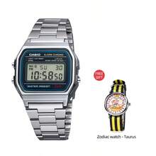 Casio A158WA-1 男士经典复古运动腕表，黑色数字表盘，不锈钢表带，适合日常佩戴，附赠金牛座星座腕表 - 金牛座 - 查看 1