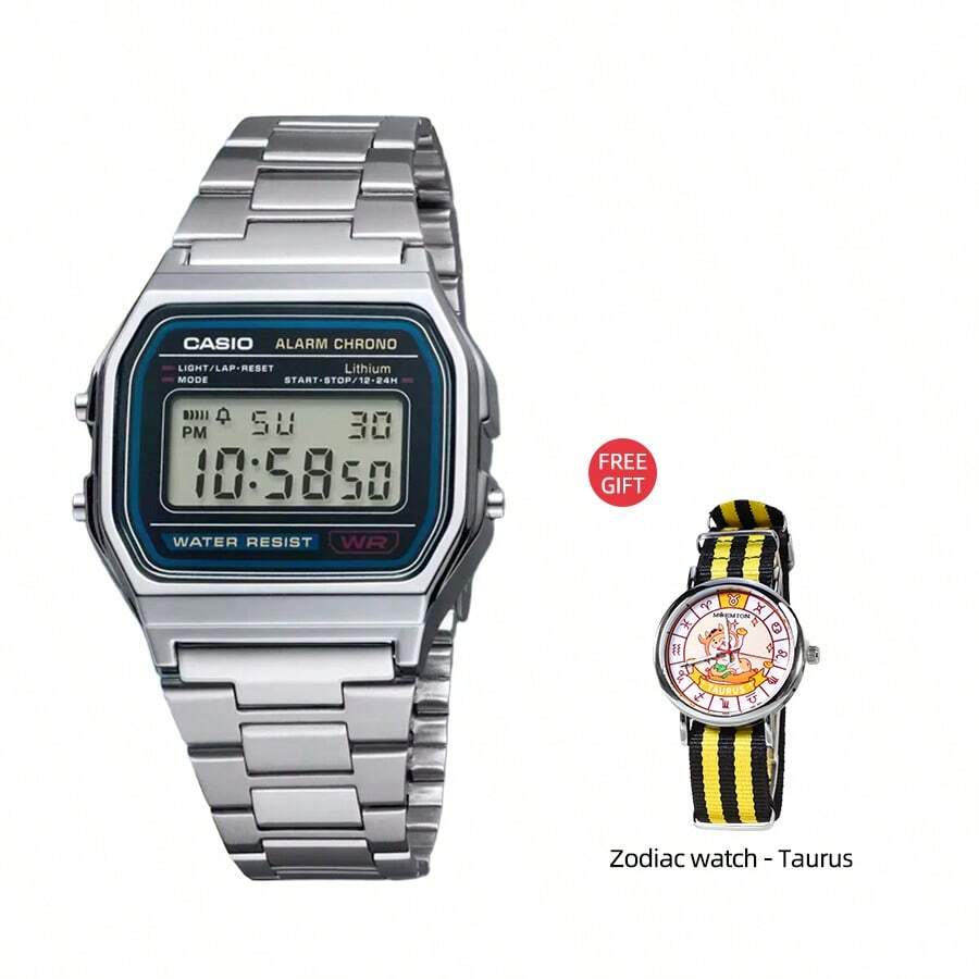 Casio A158WA-1 男士经典复古运动腕表,黑色数字表盘,不锈钢表带,适合日常佩戴,附赠金牛座星座腕表 - 金牛座 - 查看 1