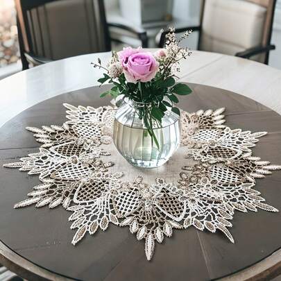 1pc 100% Polyester Embroidered Lace Cutwork Round Placemat, Candle Mat, Round Tablecloth, Vintage Bohemian Style, Suitable For Dining Table, Coffee Table, Vanity, Living Room, Home Decor, Holiday Party, Picnic, Family Gathering, Wedding Gift