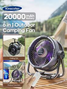 kinscoter 1 件可充电 20000mAh 六合一便携式露营台扇电动台扇降温海滩旅行配件户外空气冷却器空气循环器带挂钩和 LED 灯 - 彩色 - 查看 11