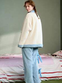 2件套女士法兰绒翻领可爱腊肠犬字母刺绣保暖睡衣套装，纽扣前开襟长袖上衣和裤子，秋冬加厚绒毛睡衣，秋季服装 - 彩色 - 查看 2