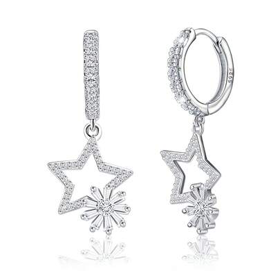 Pendientes de estrella hueca de circonita cúbica de plata de ley 925, pendientes de flor, de moda y elegantes, adecuados como regalo de cumpleaños