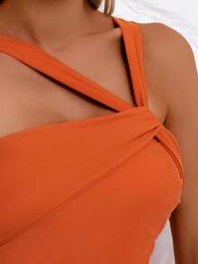 女士性感不对称领口无袖连体泳衣，优雅高弹针织面料，露背沙滩度假夏季装扮 - 珊瑚橙 - 查看 5