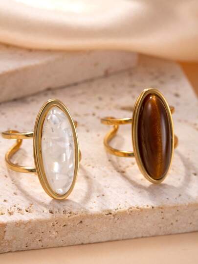 2pcs Gold Open Stainless Steel Rings With White & Tiger Eye Stone Decor, Suitable For Women's Daily Wear Or Perfect Gift