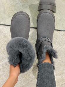 Cute Thick Warm Grey Snow Boots For Women, New Thick Bottom Increased Height Fur Lining Tall Snow Winter Shoes For Winter - Grey - View 6