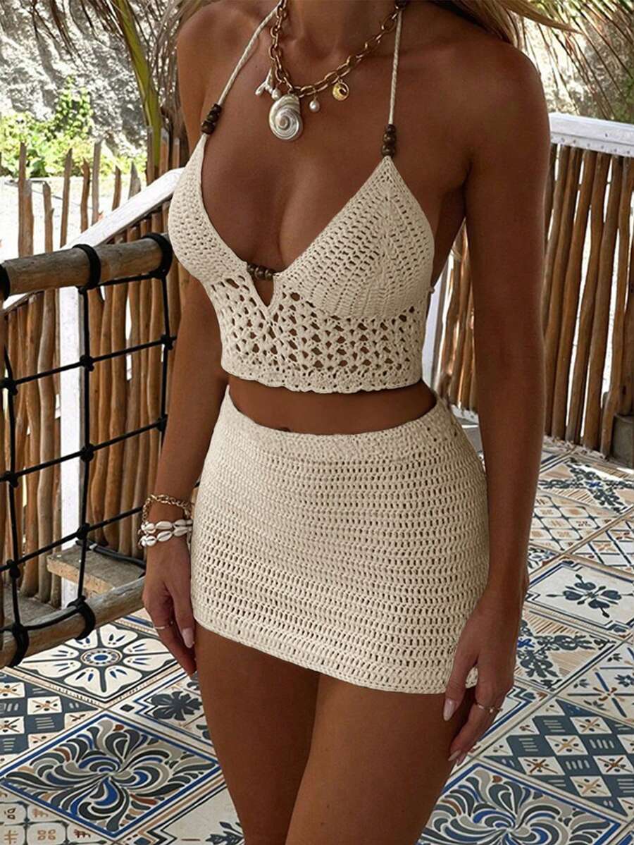 Yuwenier 性感V领串珠镂空露背吊带背心和紧身迷你裙两件套，女士夏季海滩度假装 - 杏色 - 查看 1