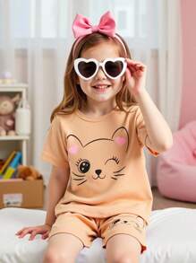 3pcs/Set Girls Cartoon Cat Print Solid Color Round Neck Short Sleeve T-Shirt And Shorts Set