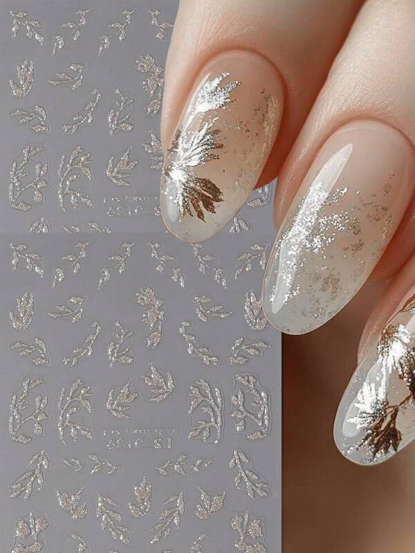 2 pièces Autocollants d'art pour ongles avec feuilles dorées scintillantes 3D. Conception de feuilles brillantes et scintillantes. Décorations adhésives pour ongles pour des designs d'ongles DIY