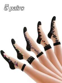 5 Pairs Women Thin Floral Print Mid-Calf Socks, Soft, Breathable, Non-Slip, Suitable For Daily Wear, Summer/Fall