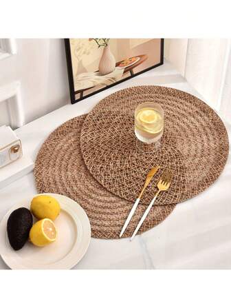 1 件/4 件/12 件防滑圆形亚麻杯垫和餐垫 - 北欧波西米亚编织设计，乡村农舍风格天然亚麻色 15 英寸耐热桌垫，适合圣诞派对、农舍、酒店、家庭聚会、乡村装饰的餐具装饰，天然纹理餐具